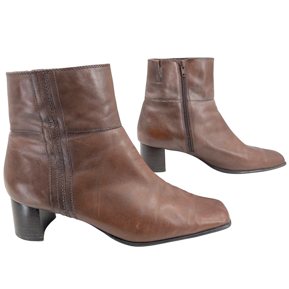VTG‎ Apostrophe Jules Women's Brown Leather Square Toe Block Heel Ankle Boot 11M